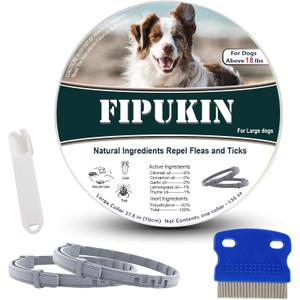 Flea and Tick Collar for Large Dogs, 2‑Pack | 8‑Month Waterproof Protection with Natural Essential Oils | Includes Comb & Tick Removal Tool
