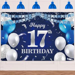 Happy 17th Birthday Banner Backdrop Blue Sliver Balloons Stripe Flag Light Spots Cheers to 17 Years Old Theme Decorations Decor for Girls Boys 17th Birthday Party Bday Supplies Background Glitter