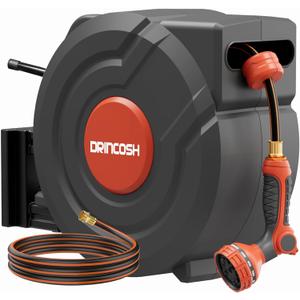 Retractable Garden Hose 155 ft x 1/2 inch Heavy Duty Wall-Mounted Hose Reels 180 Swivel Automatic Slow Return Any Length Lock 9 Pattern Nozzle UV Resistant