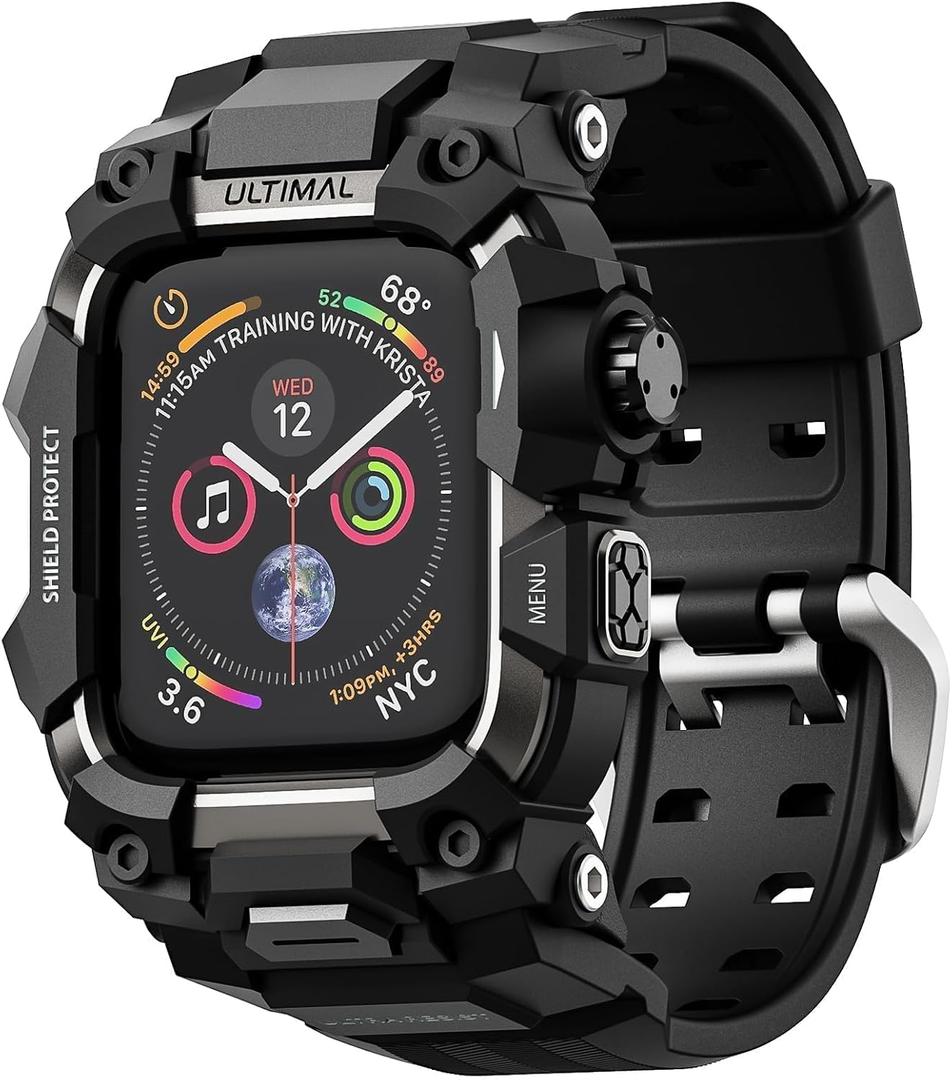 ULTIMAL Rugged Case with Band for Apple Watch 44mm,Compatible with Apple Watch Series SE 3/SE 2/SE Generation/6/5/4, Military Grade Shockproof Bumper Cover for iWatch Tactical Band Men (Black, 44mm)