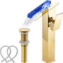 Bathroom Vessel Faucet Gold Waterfall Open Spout Basin Faucet Led Color Changing by Temperature for Bowl Sink with 1Hole Right Handle Without Overflow Pop Up Drain Stopper Supply Hoses Lavatory Basin