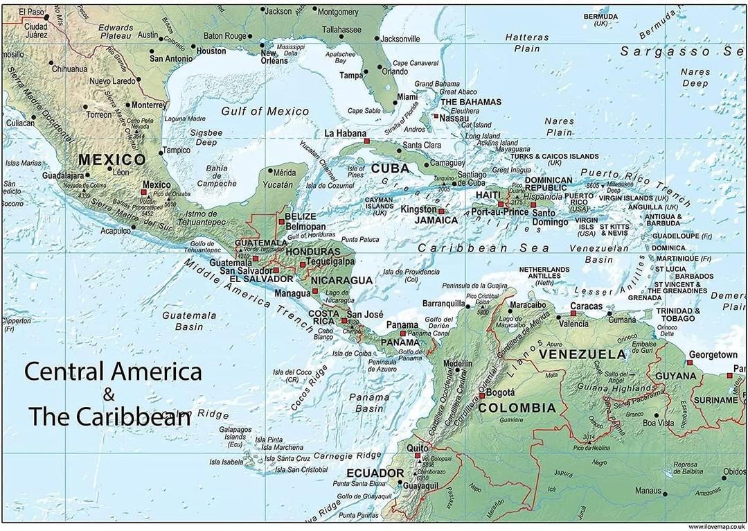 Central America and the Caribbean Poster Map - 24 x 17 inches  Paper Laminated