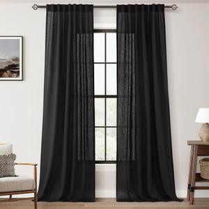 Black Linen Curtains 102 inches Long for Bedroom Back Tab Light Filtering Privacy Semi Sheer Black Curtains Living Room Boho Rustic Farmhouse Cotton Textured Gauze Curtain 2 Panel Set