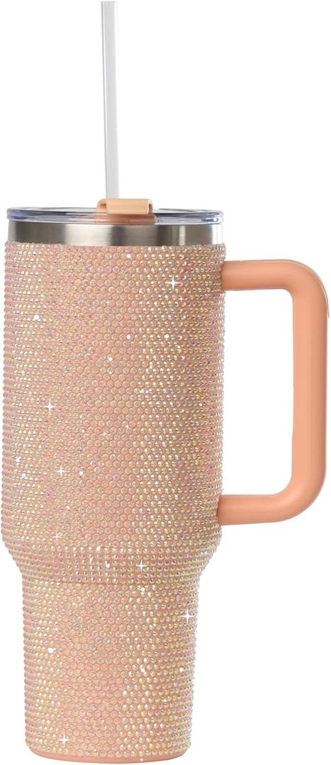 Grenada 40oz Rhinestone-Encrusted Insulated Tumbler - Premium Bling Stainless Steel Water Bottle with Handle, Double Wall Vacuum Technology, Includes Leakproof Lid and Straw (Peach Fuzz)