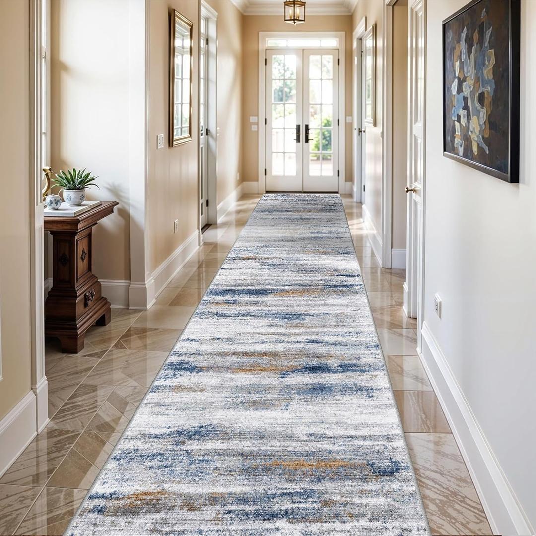 3x14 Washable Hallway Runner Rug: Extra Long Runners for Entryway Living Room Dining Room - Stain and Water Resistant Rugs with Non-Slip Backing - Soft Low-Pile Carpet 14ft Navy Grey
