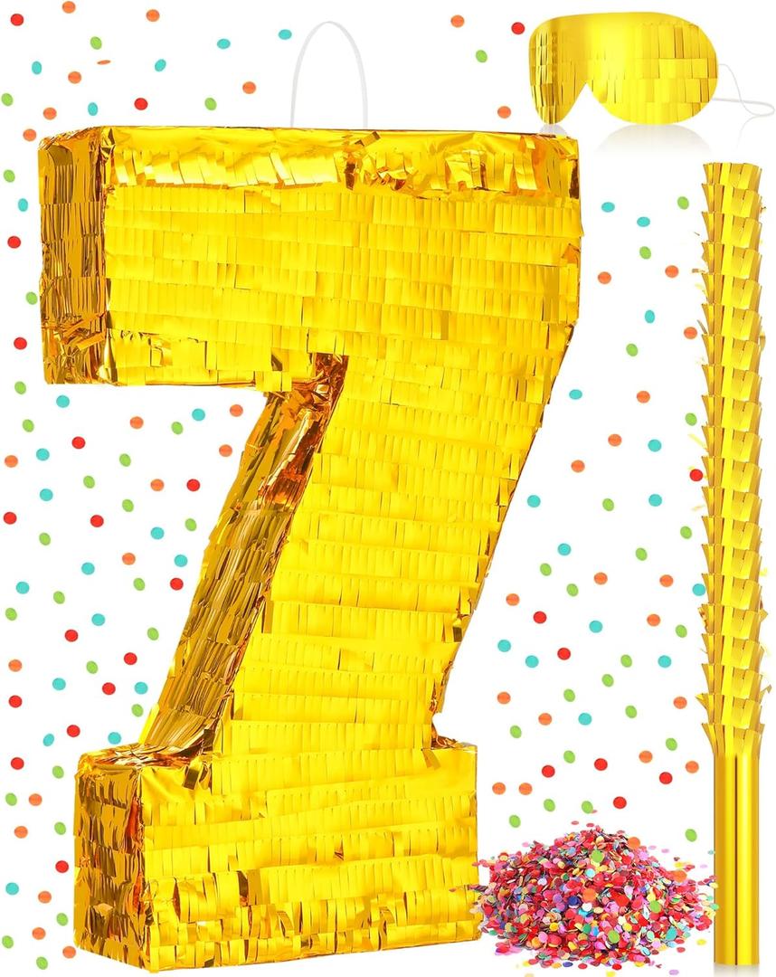 Sratte Piata Birthday Party Decorations Gold Foil Piata with Stick Blindfold Confetti for Boy Girl Birthday Anniversary Celebrations Fiesta Supplies(Number 7)