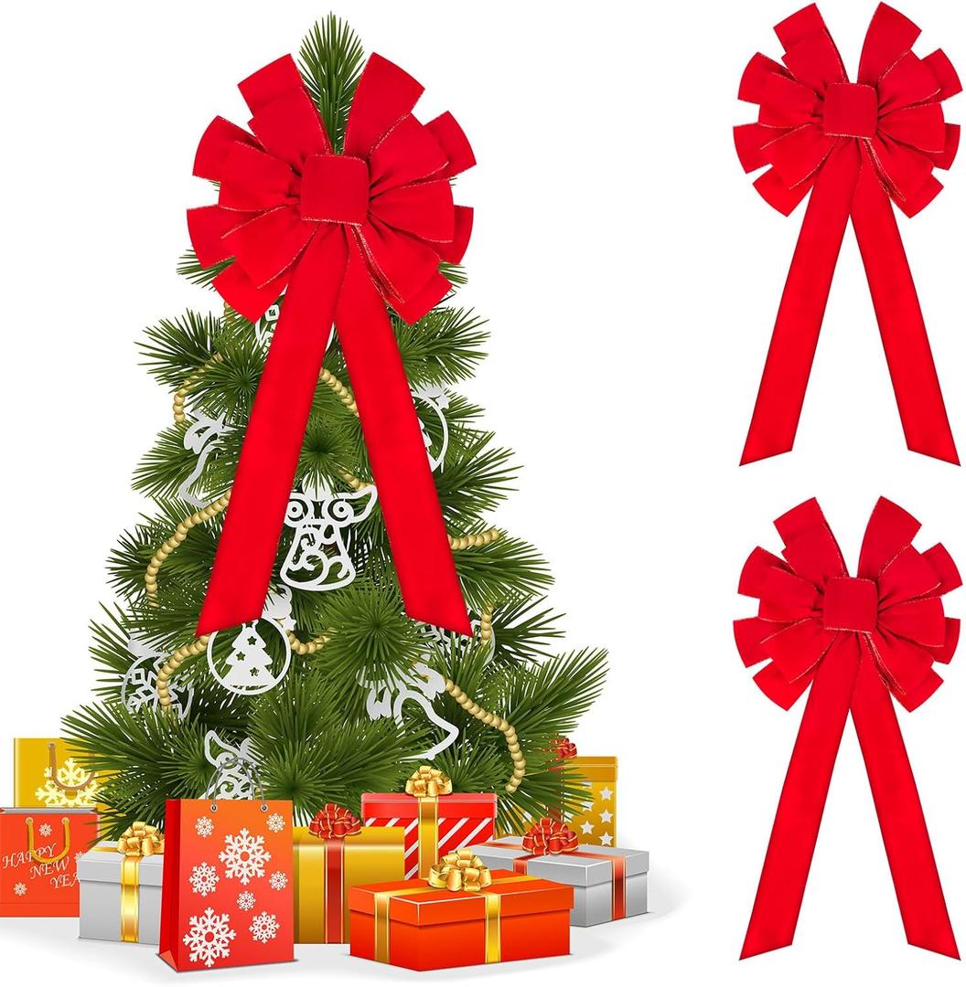 Ceenna 3 Pcs Large Christmas Bows 18 x 35 Christmas Decorative Bows Gold Wired Red Velvet Ribbon Christmas Wreath Bow Hanging Xmas Tree Topper for Indoor and Outdoor Decoration(Brief)