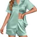 Ekouaer Womens Satin Silk Pajamas Set Short Sleeve Sleepwear Button Down Top and Shorts Loungewear 2 Piece Pjs Set S-XXL (Light Green)