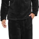 Mens Pajamas Set Long Sleeve Soft Fleece Fluffy Sleepwear Winter Warm Pjs Lounge Sets Flannel Sleepwear with Pockets (Large, Black)