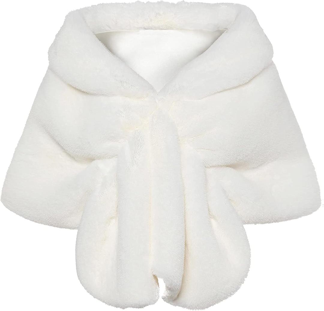 BABEYOND Womens Faux Fur Collar Shawl Faux Fur Scarf Wrap Evening Cape for Winter Coat (Small, White)
