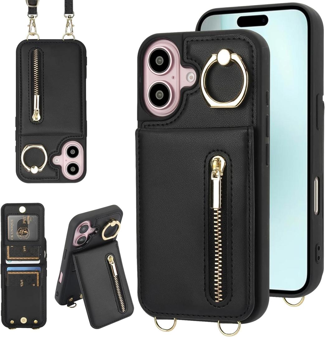 Crossbody Wallet Case for iPhone 17 with Lanyard Strap Card Slot Holder RFID Blocking 360 Ring Kickstand,Magnetic Flip Folio Zipper Purse Case, PU Leather Cover Handbag,Black