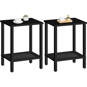 HOOBRO End Tables Set of 2, Small Side Tables with 2-Tier Storage Shelves, Nightstands with Faux Rattan Decoration, for Small Space, Living Room, Bedroom, Black BK91BZP201