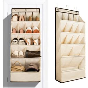 FENTEC 1 Pack Over the Door Shoe Organizers, Hanging Shoe Organizer with Large Deep Pocket Shoe Holder for Closet Shoes Rack for Wall, Over Door Shoe Storage Hold up to 18 Pairs Shoes, Beige