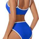 SUUKSESS Women High Waisted 2 Piece Bikini Set Cheeky High Cut Bandeau Swimsuit (Blue, M)