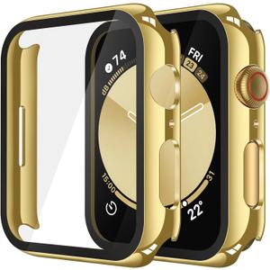 Misxi 2 Pack Tempered Glass Case Compatible for Apple Watch SE 3 (2025) SE 2 SE Series 6 Series 5 Series 4 40mm, Hard PC Screen Protector Overall Protection Cover for iWatch, 1 Gold + 1 Transparent
