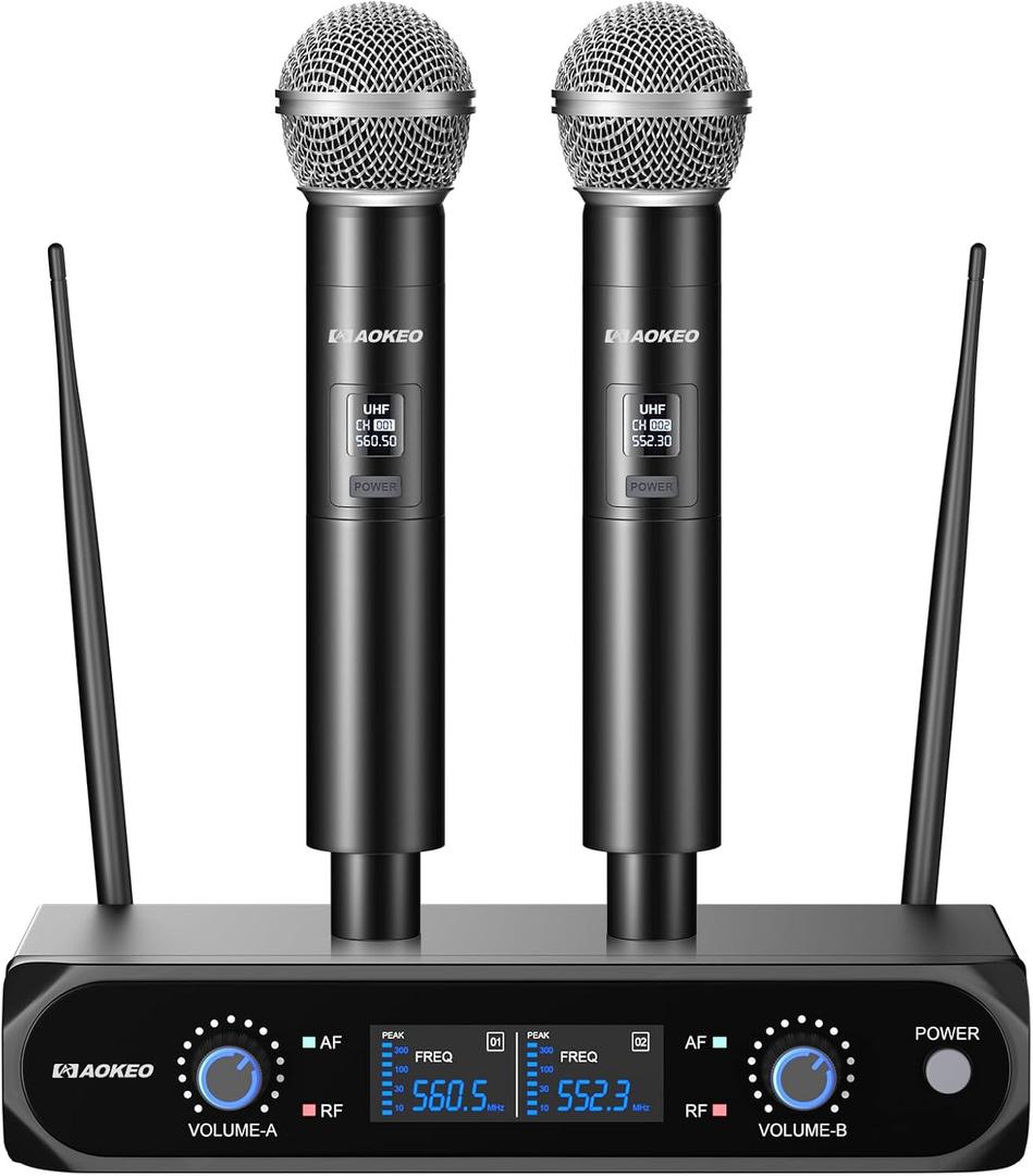 Aokeo Wireless Microphone System, Metal Wireless Mic Set with Case,Handheld Cordless Dynamic Microphones for Singing, Karaoke, Church, DJ,100ft Range (Black)