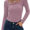 IWD Womens Striped Long Sleeve Shirts Slim Fit Square Neck Tops 2026 Spring Lightweight Knit Pullover Sweater (Red, S)