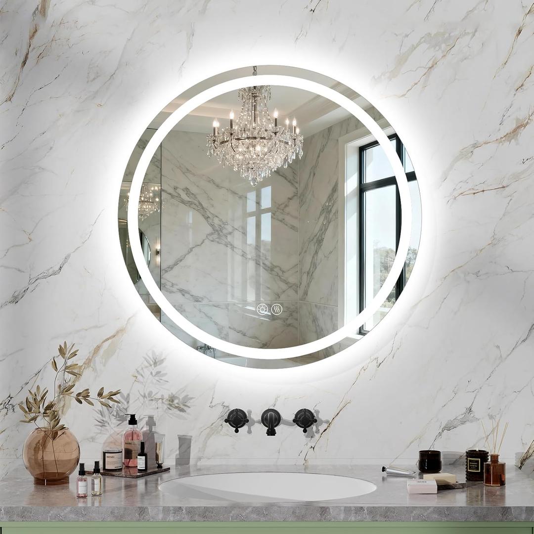 LED Bathroom Mirror 24 Inch Round Bathroom Mirror with Lights, Circle Wall Mirror with 3 Colors Brightness, Anti-Fog for Bathroom Vanity, Entryway Living Room
