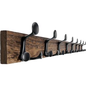 WEBI Coat Rack Wall Mount,43" Solid Wood Coat Hooks Wall Mounted Coat Hanger,16" Hole to Hole,Heavy Duty Hook Rack Rail,8 Triple Hooks for Hanging Coats,Jacket,Clothes,Hat,Backpack,Weathered Brown