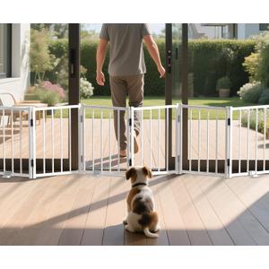 Free Standing Foldable Dog Gate, 16.5" High Step-Over Metal Short Pet Gate, Up to 72" Wide Puppy Fence for Stairs and Doorways, Indoor & Outdoor Use, No Drilling and No Assembly, White