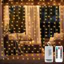 Battery Operated Curtain Lights,9.8ft9.8ft 300 LED Curtain Lights with Remote Timer 8 Modes, Waterproof Hanging Fairy Lights for Outdoor Indoor Wedding Christmas Decor (Warm White)