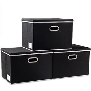 PRANDOM Large Foldable Storage Boxes with Lids [3-Pack] Fabric Collapsible Storage Bins Organizer Containers Baskets Cube with Cover for Home Bedroom Closet Office Nursery Black(17.7x11.8x11.8)