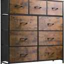 WLIVE 9-Drawer Dresser, Fabric Storage Tower for Bedroom, Hallway, Entryway, Closet, Tall Chest Organizer Unit with Fabric Bins, Steel Frame, Wood Top, Easy Pull Handle, Rustic Brown Wood Grain Print