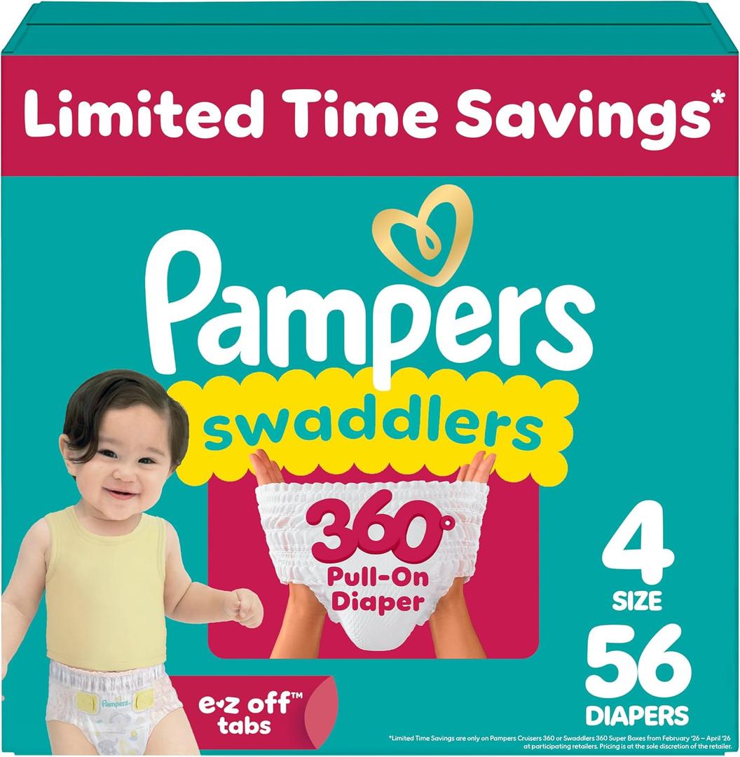 Pampers Diapers - Swaddlers 360 - Size 4, 56 Count, up to 100% Leakproof Comfy Dry Fit, Designed for Easy Changes, Pull On Baby Diaper 