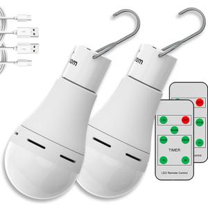 USB Rechargeable Light Bulbs with Remote, 4 Light Modes + Timer, 1200 mAh Rechargeable Battery, Portable LED Tent Light Bulbs for Home Emergency Camping Tent (Pack of 2)