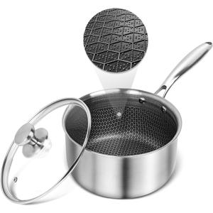 AuFranc™ Hybrid Nonstick 2 Quart Stainless Steel Saucepan with Glass Lid, Induction Sauce Pan with Honeycomb Carving, Non-stick Sauce Pot Compatible with All Cooktops, Dishwasher Safe, Non-Toxic
