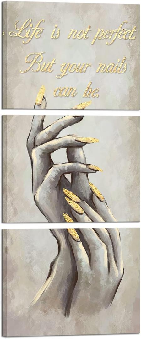 HOMEOART Fashion Woman Wall Art Nail Salon Decor Manicure Nail Salon Wall Art Stretched and Framed Ready to Hang 12"x16"x3 Pieces, Vintage Yellow and Grey