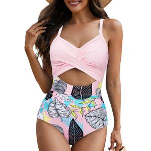 One Piece Swim Suits for Women 2025 Sexy Tummy Control Swimsuits Cutout High Waisted Criss Cross Back Bathing Suit for Women (Size Medium, Pink Print)