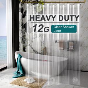 AmazerBath Heavy Duty Shower Curtain Liner 12 Gauge, 72 x 96 Inches Clear Shower Curtain Liner with 3 Clear Stones and 12 Grommet Holes, Weighted Plastic Shower Liner