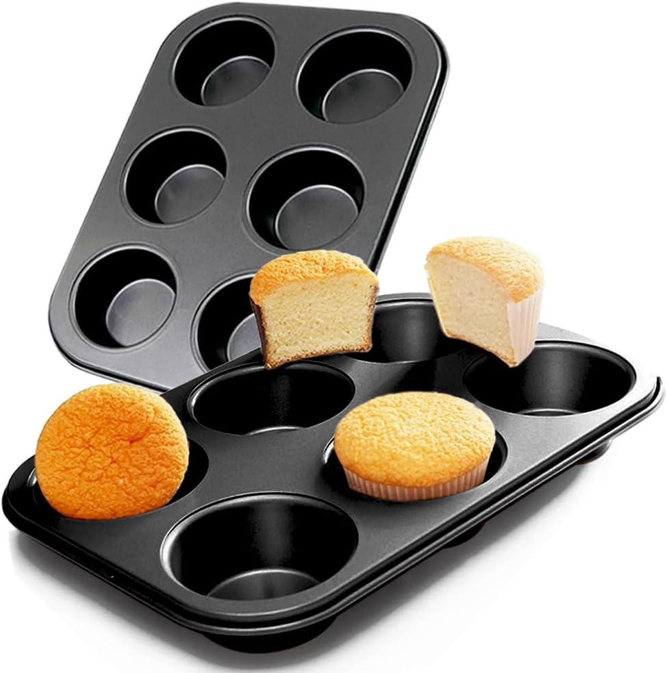 2 Packs Premium Steel Muffin Pan for Baking, Round Muffin Baking Pan, Baking Tray for Muffins, Cupcakes, Brownie(Black, 6 Cup)