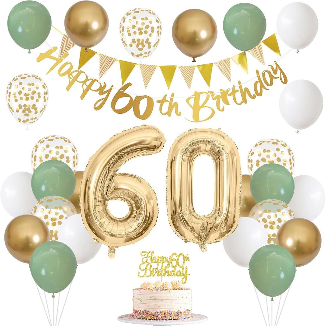 60th Birthday Decorations for Men Women, Sage Green White Gold Balloons With Happy 60th Banner, Cake Topper, Number 60 Foil Balloon for 60 Year Old Party Decoration