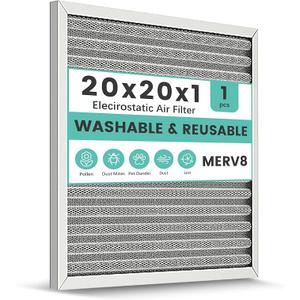 20x20x1 HVAC Furnace Air Filter, Washable Electrostatic Furnace Filter, MERV 8, Lasts a Lifetime, Breathe Fresher, Home And Office (Actual Size:19.75x19.75x0.82)