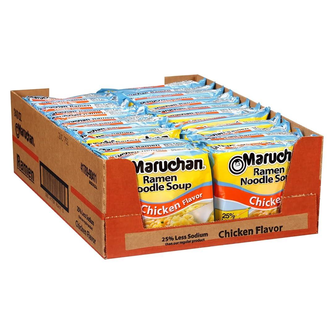 Maruchan Ramen Less Sodium Chicken, Instant Ramen Noodles, Ready to Eat Meals, 3 Oz, 24 Count (Best Before 08/27/26)