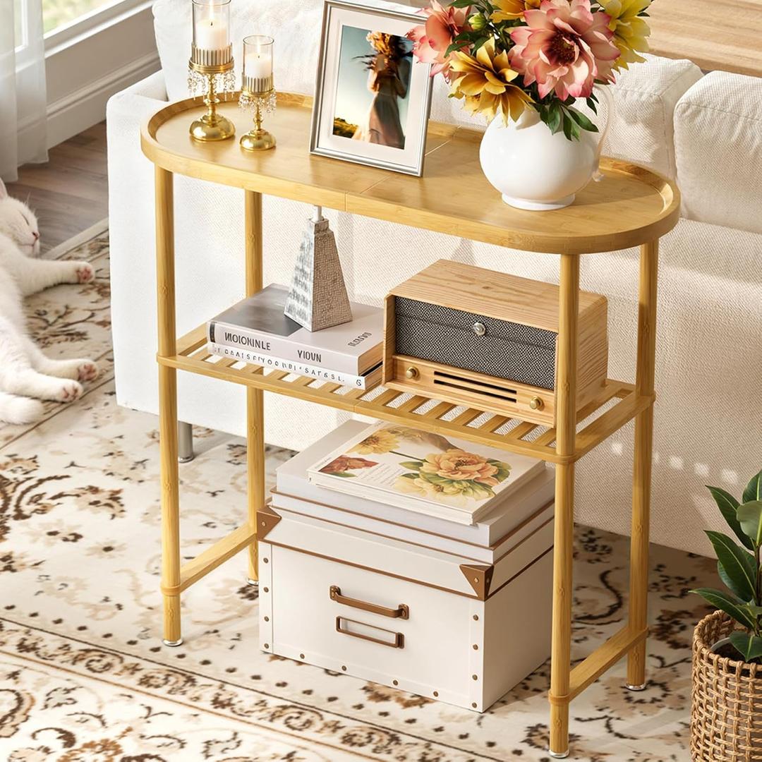 Small Entryway Table Bamboo 30.7", Narrow Hallway Table Oval Top 2-tier, Slim Console Table with Anti-fall Edge, Sofa Side Table 5min Easy Assembly, Small TV Stand for Bedroom, Indoor Plant Stand (Natural)