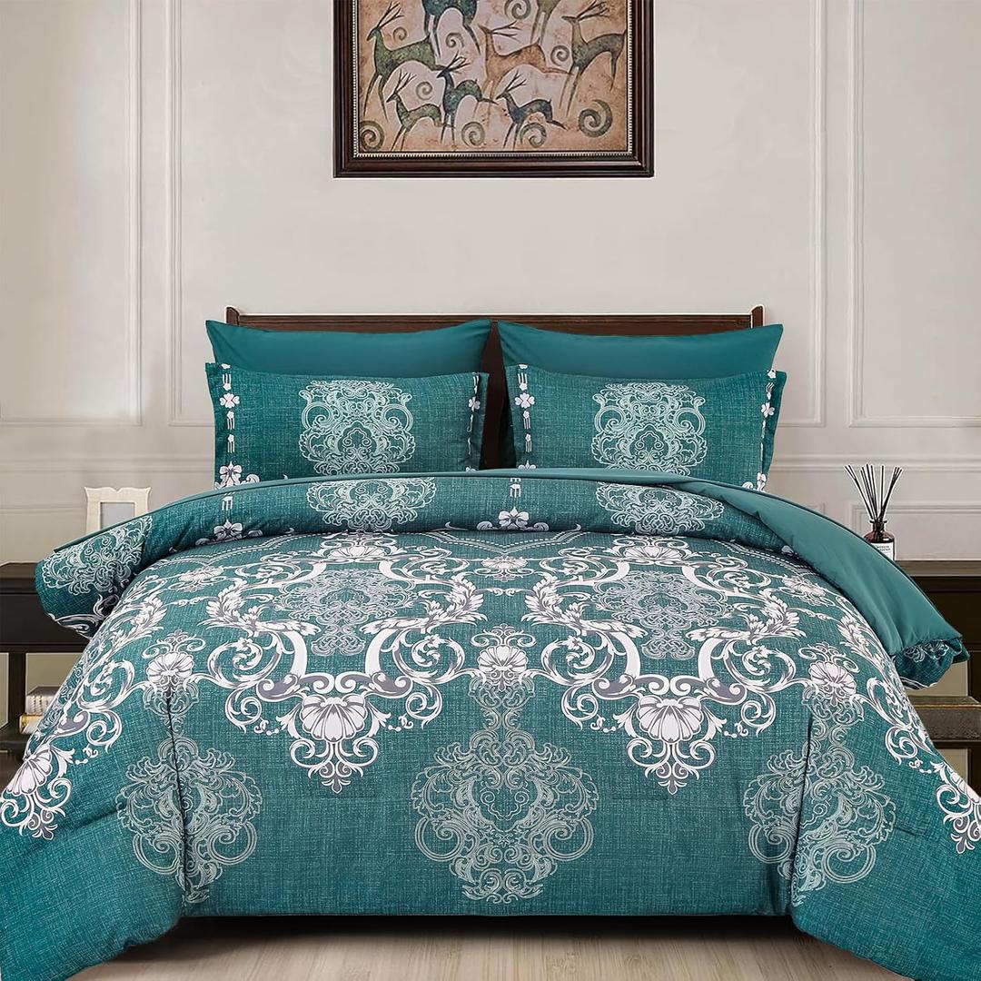 Mybedsoul King Size comforter set, 7 Pieces Boho Bed in a Bag for King Bed, Turquoise Damask Comforter Set with Sheet, Pillowcases & Shams, Soft Microfiber Lightweight Bedding Set All Season(90"x104")