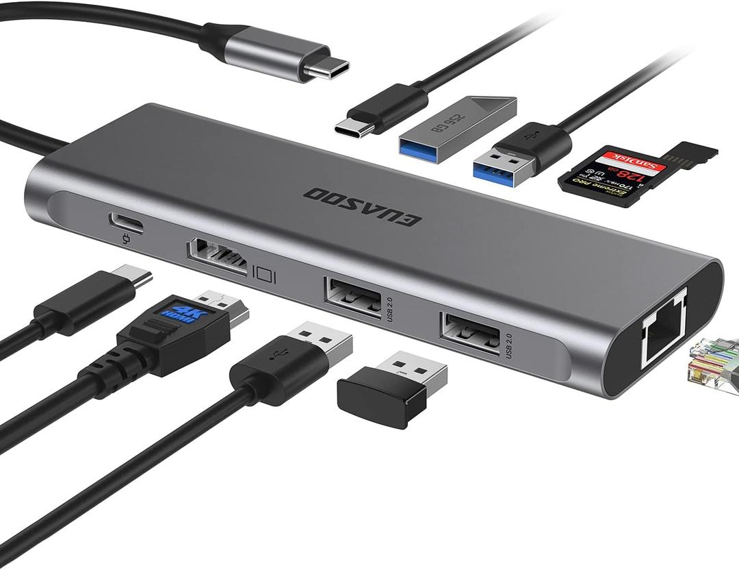 USB C Hub, EUASOO USB C Adapter, 10in1 Mulitiport Adapter Dongle 1000M RJ45 Ethernet, 4K HDMI, USB 3.0 Ports, 100W PD Charging Port, Compatible for MacBook Pro, Chromebook, XPS and USB C Laptop