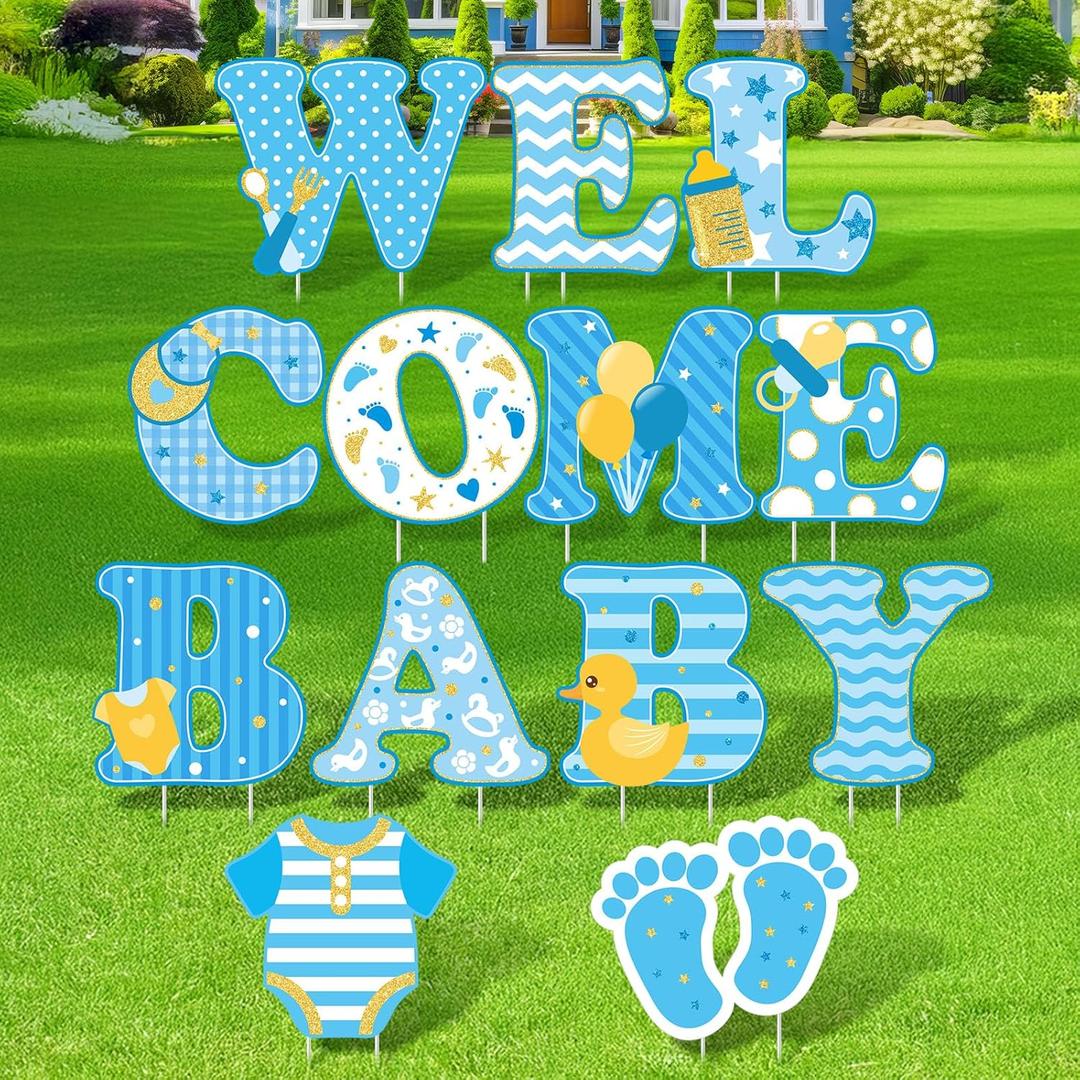 13 Pcs Baby Shower Yard Sign 'welcome Baby' Yard Signs with Stakes, 15 Inch Tall Girl boy Lawn Sign Gender Reveal Outdoor Decoration Welcome Home Newborn Announcement for Party Decorations (Blue)