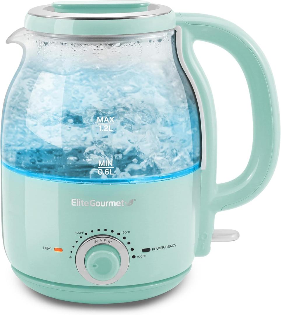 Elite Gourmet EKT1220M 1.2L Electric BPA-Free 1200W Glass Kettle, Temperature Dial Keep Warm Function, Cordless 360 Base, Blue LED Interior, Auto Shut-Off Function  Quick Boil, Mint