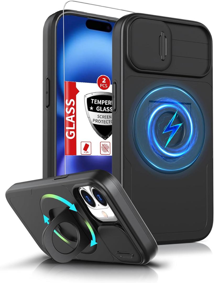 for iPhone 16 Case Magnetic Compatible with MagSafe Wireless Charging with 2 Screen Protectors,16 Case Built-in Kickstand Ring Camera Heavy Duty Protection Military Grade Drop Shockproof Black