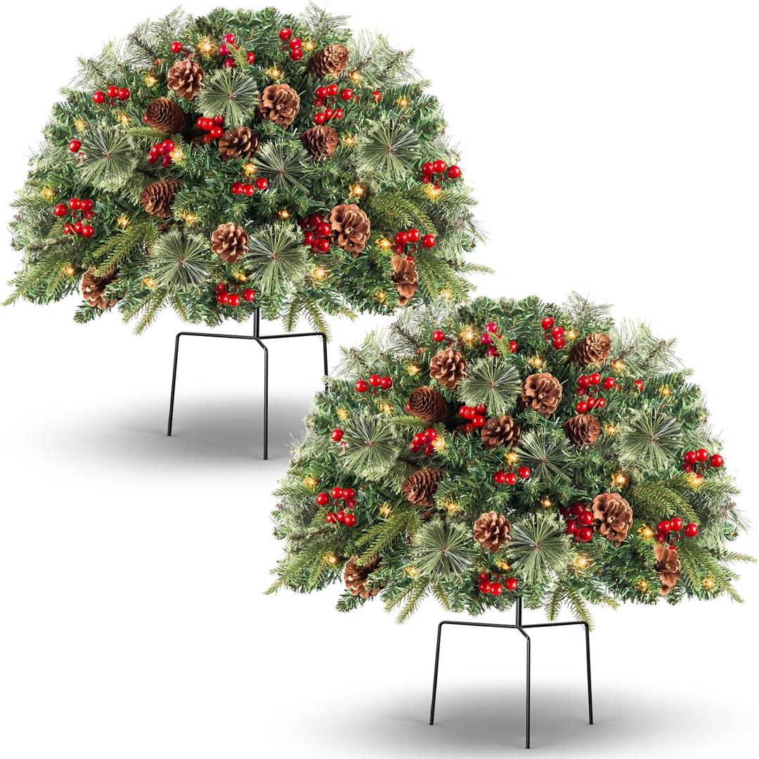 LAVEVE 14" Christmas Tree, Frosted Urn Filler with Pre-lit 50 LED Lights, Outdoor Xmas Tree Decor for Pathway and Porch, Pack of 2