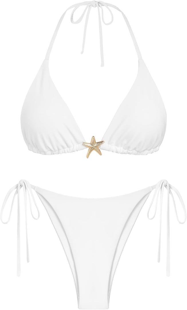 ZAFUL Women's Sexy Halter Bikini Sets Beads Tie Side Solid Triangle Thong Swimsuit Two Piece Cheeky Bathing Suits (White, S)