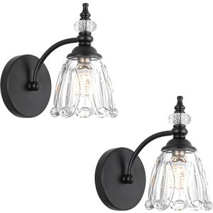 Vintage Black Wall Sconces Set of Two, Matte Black Bathroom Vanity Light Fixtures, G9 Bulbs Bathroom Sconces Set of 2, Glass Wall Lights for Bathroom, Bedroom, Hallway