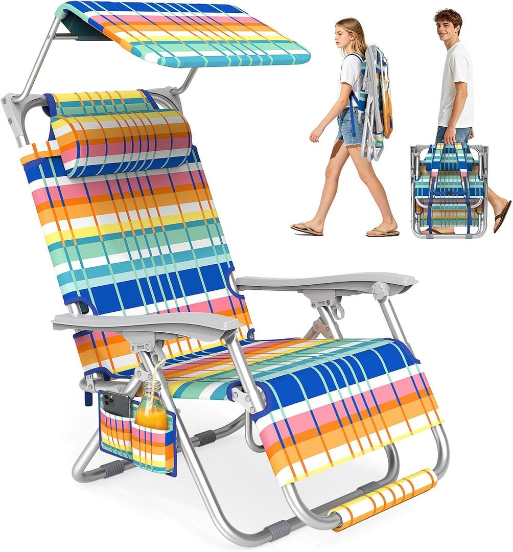 Suteck Zero Gravity Backpack Beach Chair with Canopy for Adults | 170° Lockable Adjustment, Adjustable Canopy, Footrest, Shoulder Straps, Foldable&Portable, 600D Oxford, Side pockets