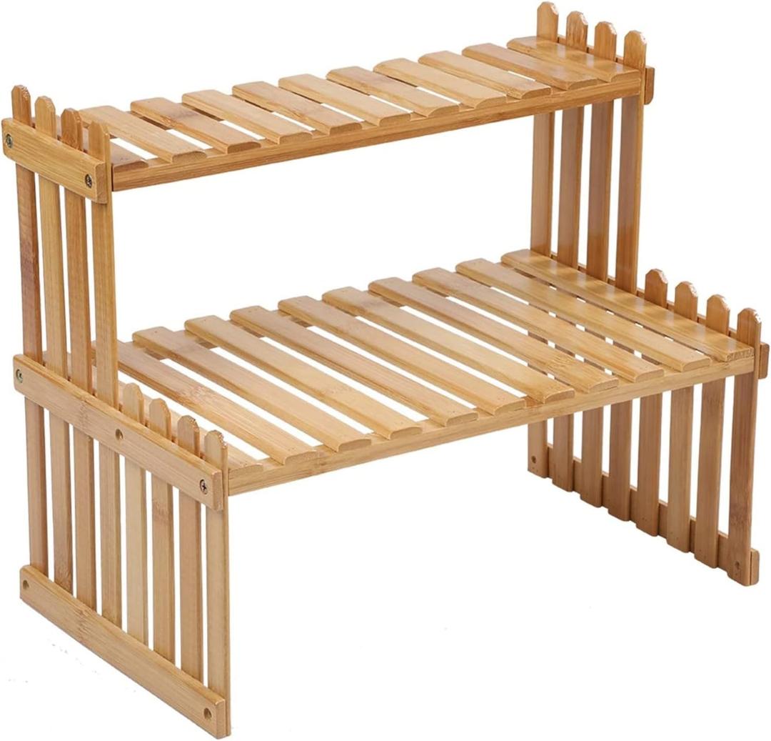 14.6"/18.5" 2 Tiers Bamboo Plant Stand Shelf,Desk Flower Pot Holder,Adjustable Desktop Shelf Display Organizer Ladder Rack for Office Decorate Storage Rack,Kitchen Rack (18.5" Length)