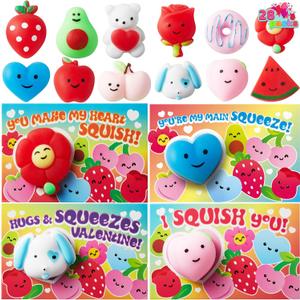 JOYIN 28 Packs Valentines Day Gift Cards with Mochi Squishy Toys, Kawaii Mochi Squishy Toy to Squeeze Stress Relief Fidget Toy for Kids Valentine Party Favor Classroom Exchange Prizes