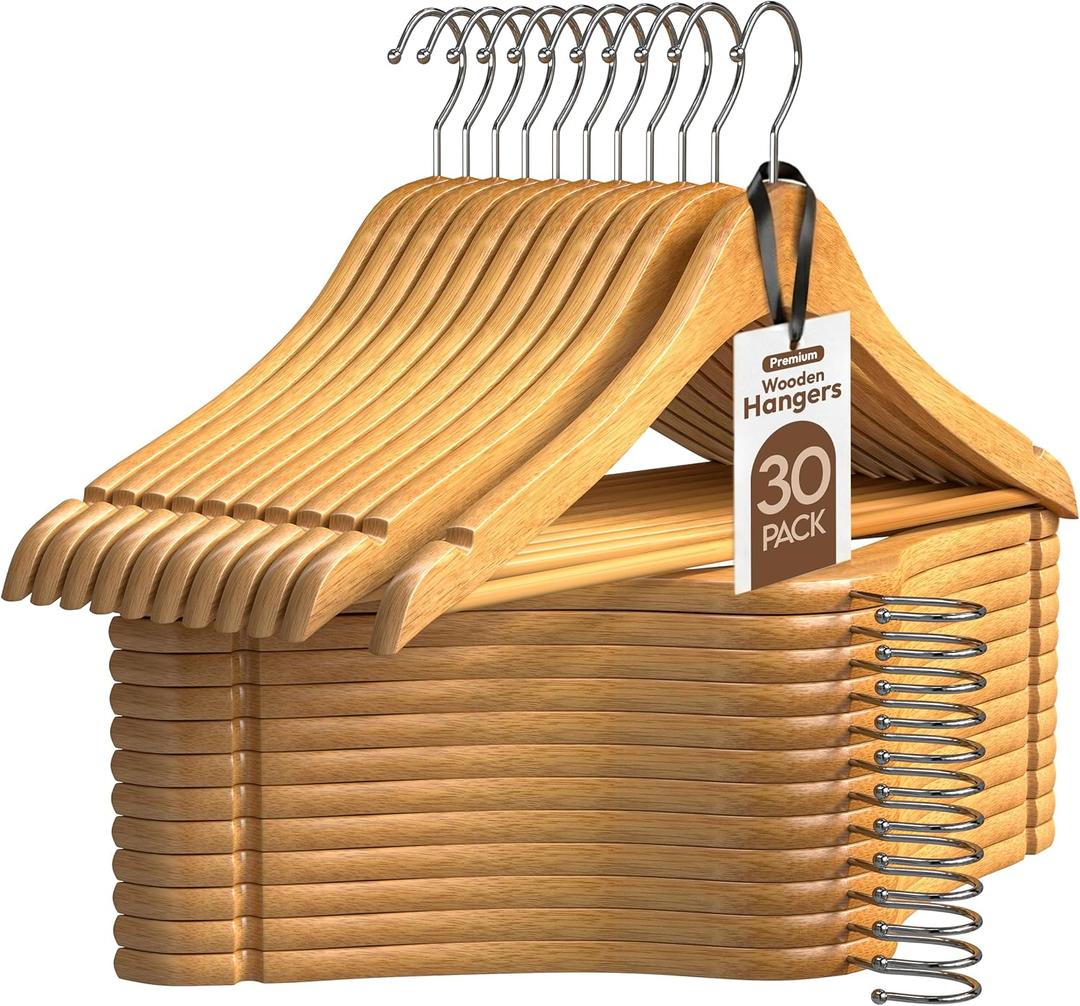 Utopia Home Premium Wooden Hangers 30 Pack - Heavy Duty & Durable Coat Hanger - Wood Hanger with 360-Degree Rotatable Hook - Clothes Hangers with Non-Slip Shoulder Notches For Shirts & Coats (Natural)